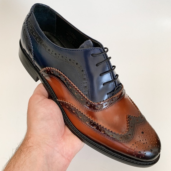 Brown-Navy Blue Wingtip Oxford Dress Shoe - Leather Sole